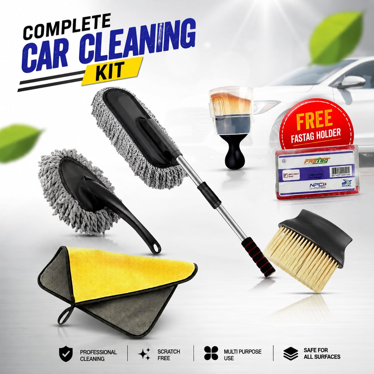 Premium Car Interior & Exterior Cleaning Combo (6 Pieces Set) + Protective FASTag Holder Free